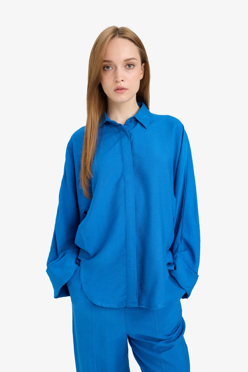 ديفاكتو تونيك قميص محجبات بيزك قصة مريحة من مزيج الكتان - Image 3